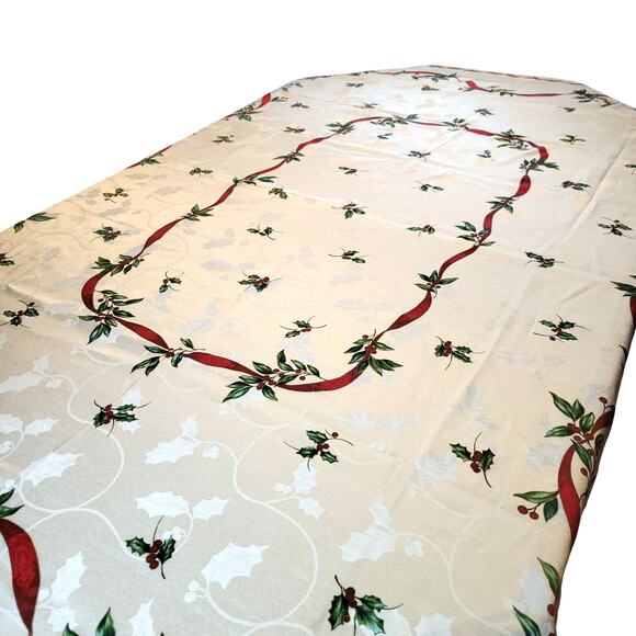 Vintage Christmas Tablecloth 82x58" Rectangle Red Holly Berry Pattern Shimmery - Picture 2 of 16